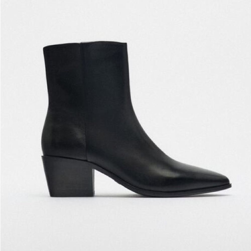 Zara Block Heel Leather Ankle Boots - Picture 2 of 8